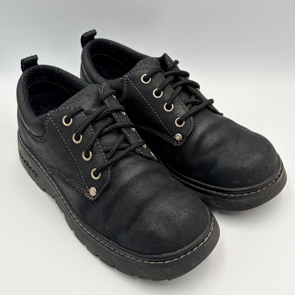 Vintage Skechers Y2K Black Leather Oxford Shoes Womens 7.5 Lug Sole Chunky 2174 - Picture 6 of 14
